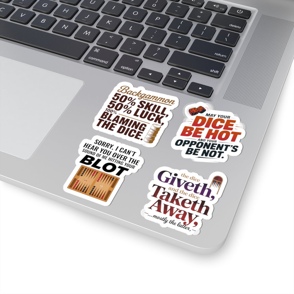 Backgammon Humor Sticker Pack – 4 PCS Funny Dice Quote Decals for Board Game Players & Strategy Fans
