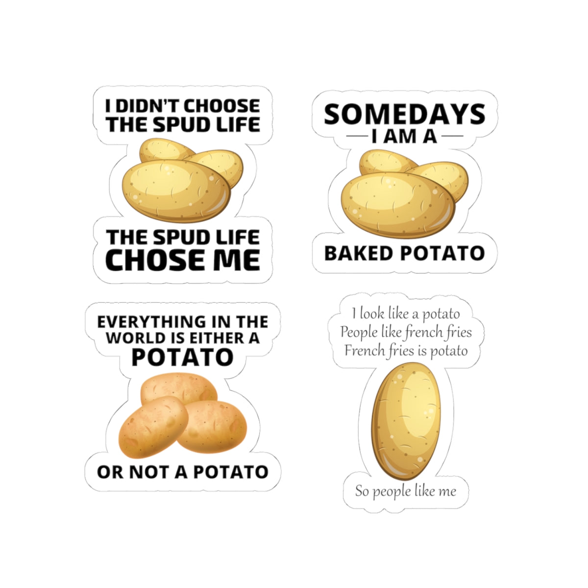 Potato Sticker Pack – 4 PCS Funny Spud Life Baked Potato French Fries Decal Set for Potato Lovers Food Fans
