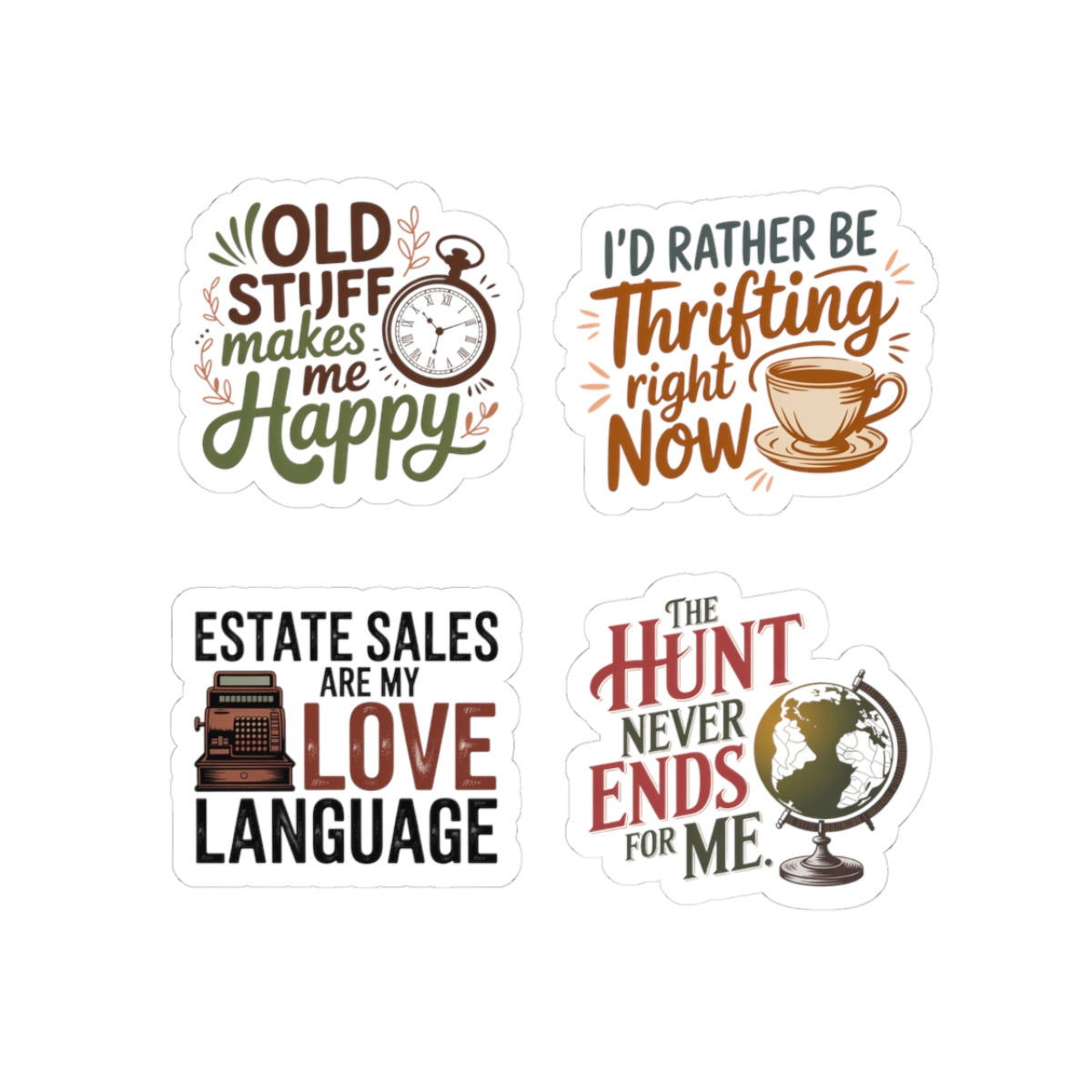 Antique Hunt Sticker Pack – 4 PCS Passion Love Language Quote Decal for Estate Sale Lovers, Treasure Hunters