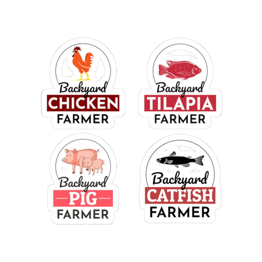 Backyard Farmer Sticker Pack – 4 PCS Bold Chicken Pig Tilapia Catfish Decal Set for Farmers Homesteaders