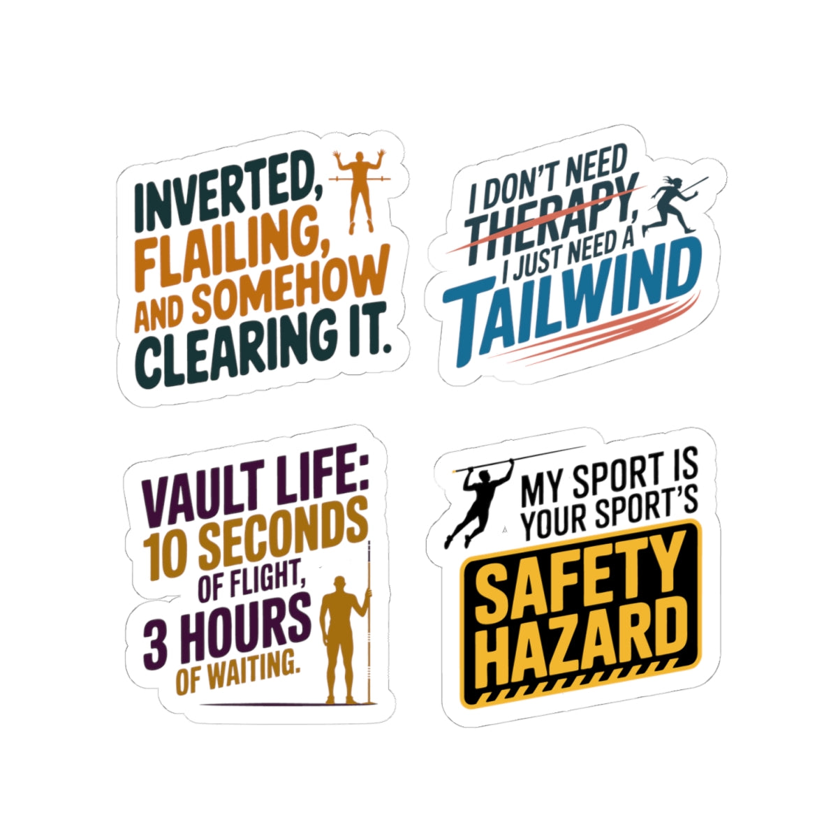 Pole Vault Sticker Pack – 4 PCS Funny Relatable Humor Graphic Decal Set for Track and Field Athletes, Competitive Vaulters