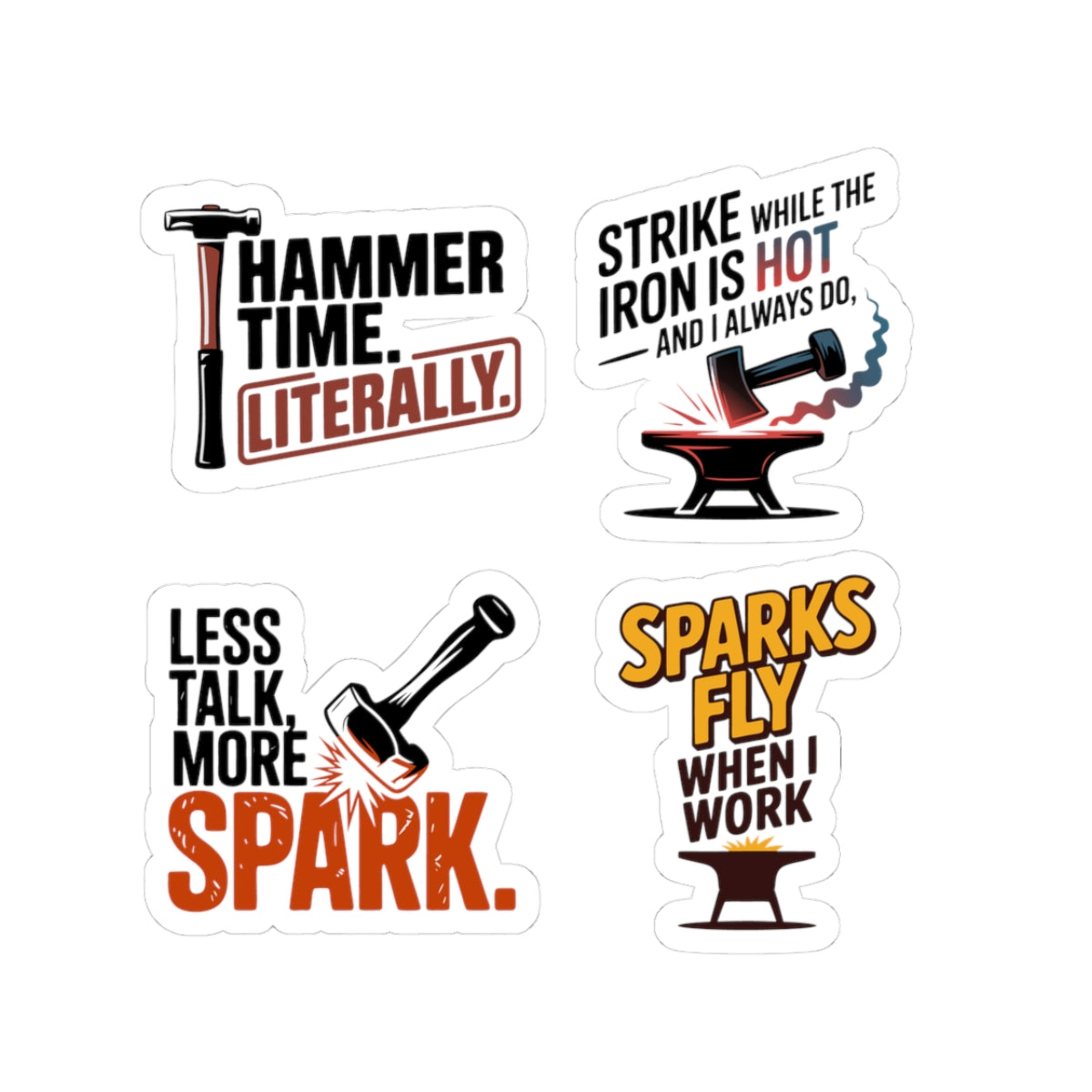 Blacksmith Sticker Pack – 4 PCS Funny Hammer Spark Action Decal Set for Metalworkers Bladesmiths