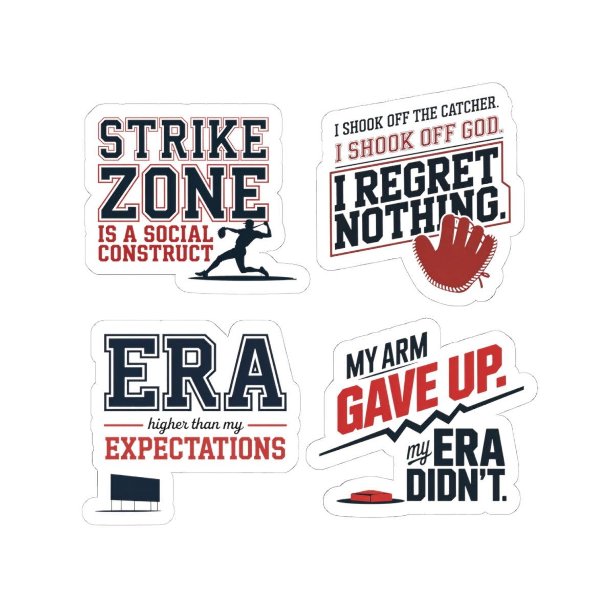 Baseball Pitcher Sticker Pack – 4 PCS Funny Mound Humor Decal Set for Pitchers Travel Ball Players