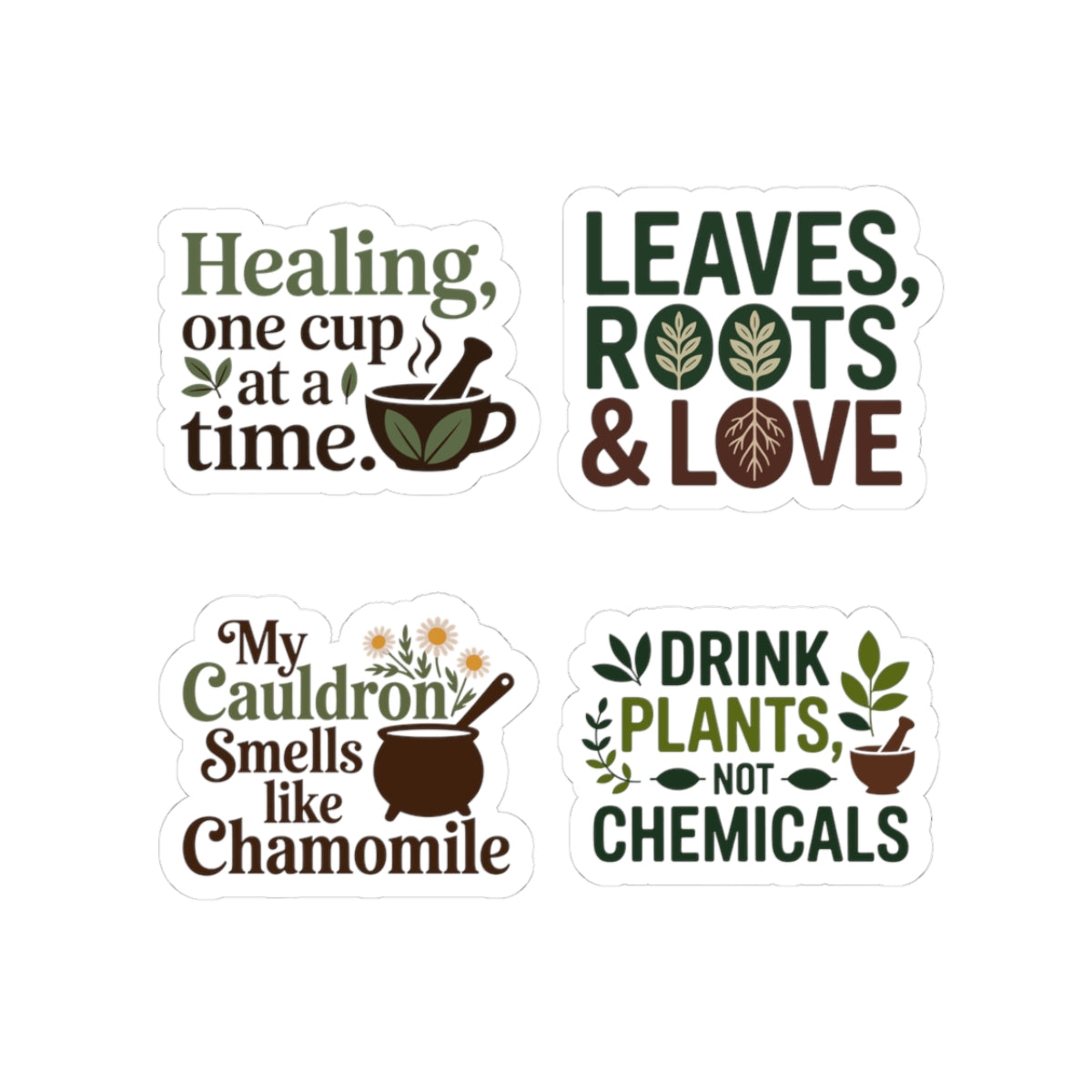Herbalist Sticker Pack – 4 PCS Funny Chamomile Cauldron Decals for Plant Healers Herbal Tea Lovers