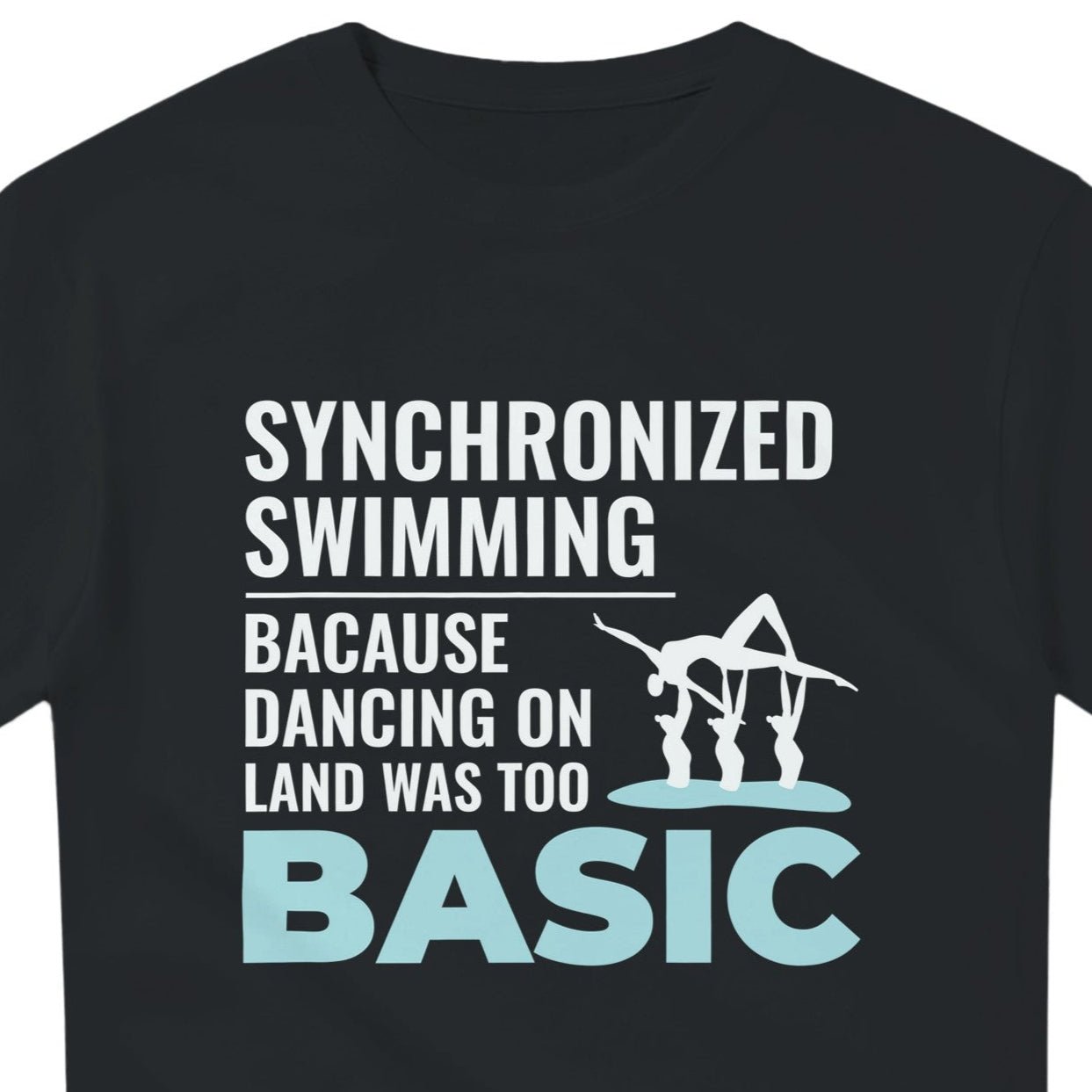 Black t-shirt with synchronized swimming graphic and text on a white background