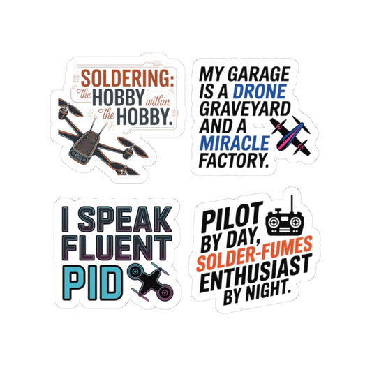 Drone Racing Sticker Pack – 4 PCS Funny Garage Warrior Quote Decals for FPV Pilots and Quadcopter Builders