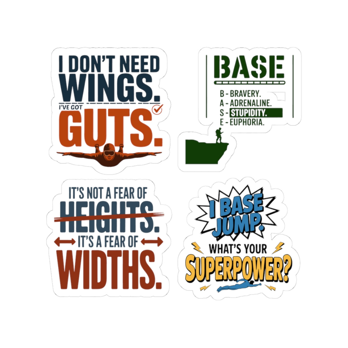 Base Jumping Sticker Pack for Car Laptop – 4 PCS Sarcastic Adventure Decal Set for Extreme Athletes Skydivers