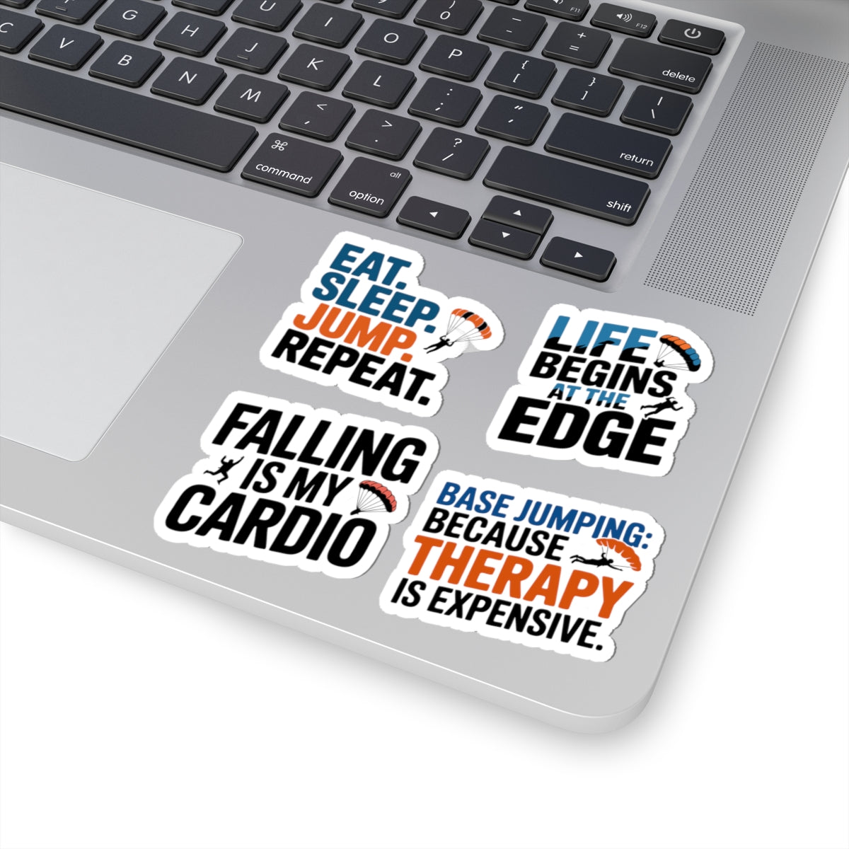 BASE Jumping Sticker Pack – 4 PCS Funny Parachute Lifestyle Decal Set for Skydivers Extreme Sports Fans