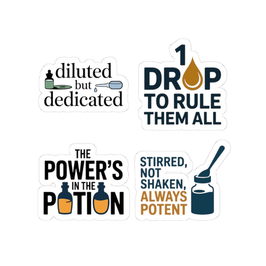 Homeopathy Sticker Pack – 4 PCS Funny Diluted Dedicated Potion Decals for Homeopaths Remedy Enthusiasts