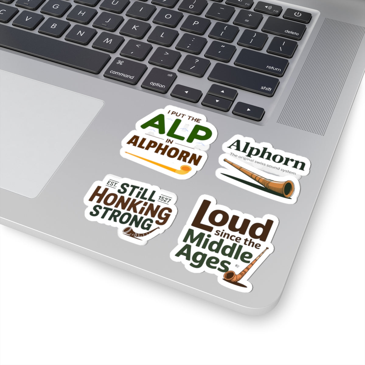 Swiss Alphorn Sticker Pack – 4 PCS Funny Alpine Horn Humor Decals for Swiss Musician Folk Music Alpine Enthusiast Folder