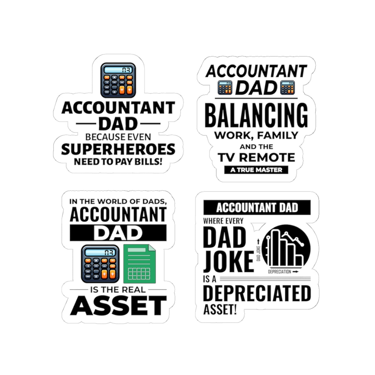 Accountant Dad Sticker Pack – 4 PCS Funny Superhero Real Asset Decal Set for CPA Dads Finance Fathers