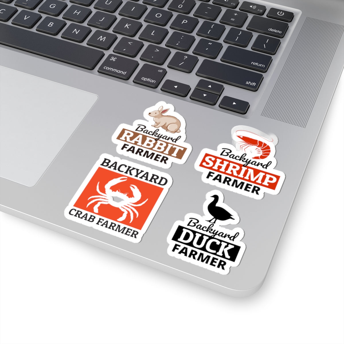 Backyard Farmer Sticker Pack – 4 PCS Bold Rabbit Shrimp Crab Duck Decal Set for Farmers Homesteaders