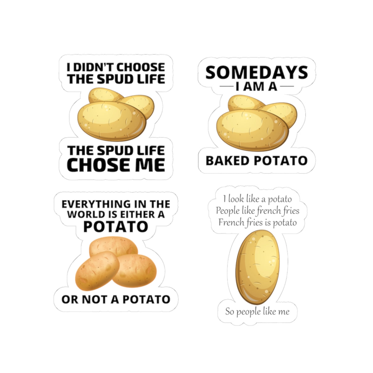 Potato Sticker Pack – 4 PCS Funny Spud Life Baked Potato French Fries Decal Set for Potato Lovers Food Fans