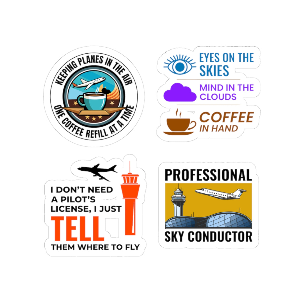 Air Traffic Controller Sticker Pack – 4 PCS Funny Sky Conductor Stickers for ATC Professionals & Aviation Lovers