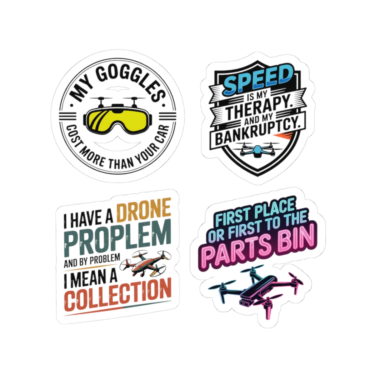 FPV Pilot Sticker Pack – 4 PCS Humorous Premium Gear Quote Decals for Drone Racers and RC Enthusiasts