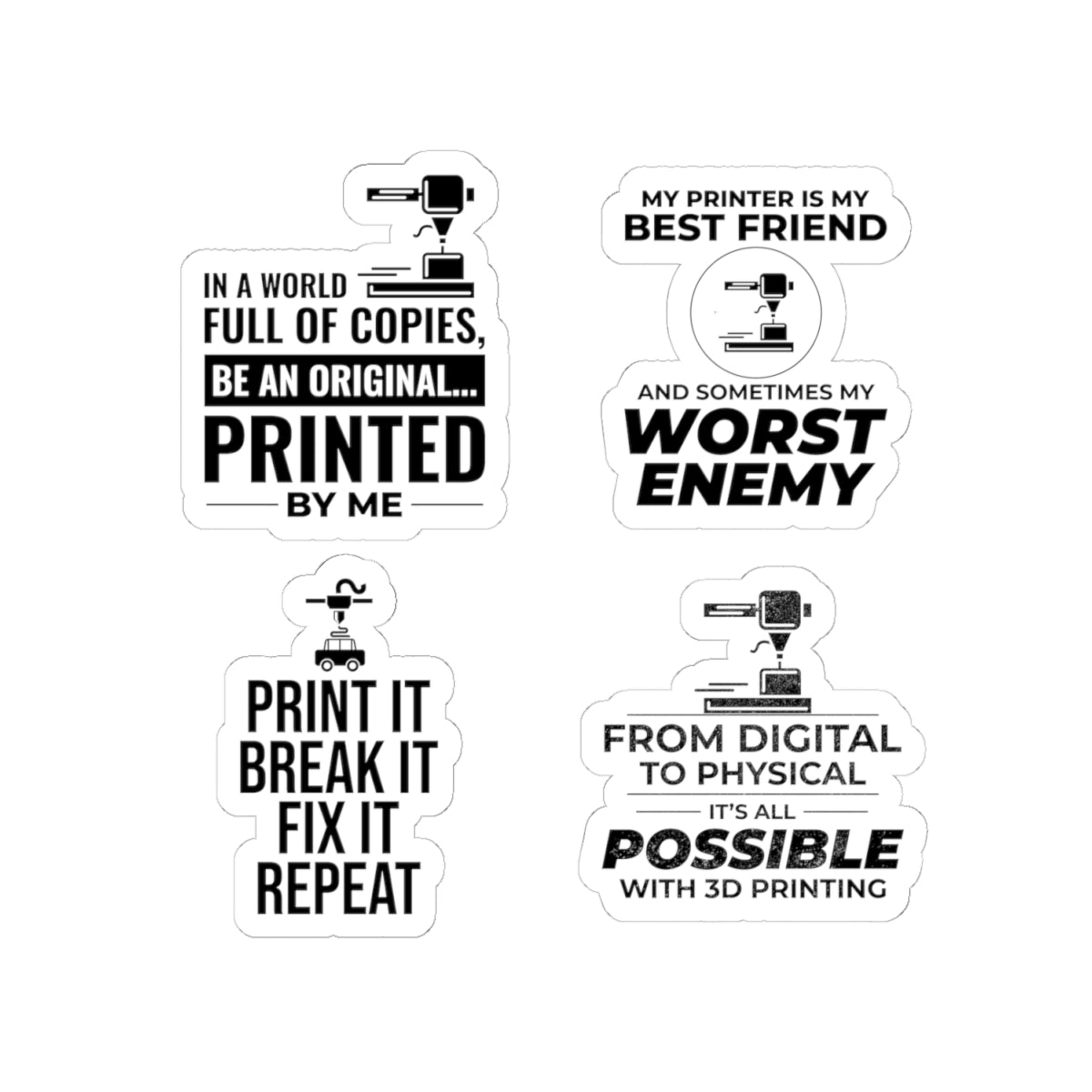 3D Printer Sticker Pack – 4 PCS Funny Original Maker Decal Set for Engineers Hobbyists and Printing Fans