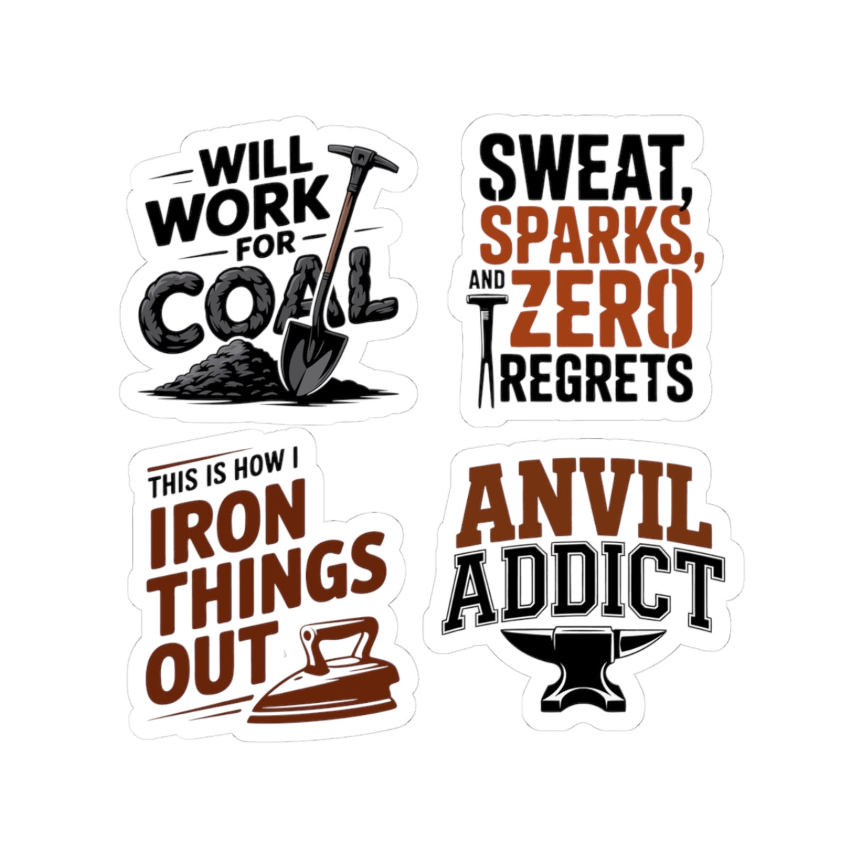 Blacksmith Sticker Pack – 4 PCS Funny Coal Anvil Humor Decal Set for Metalworkers Bladesmiths