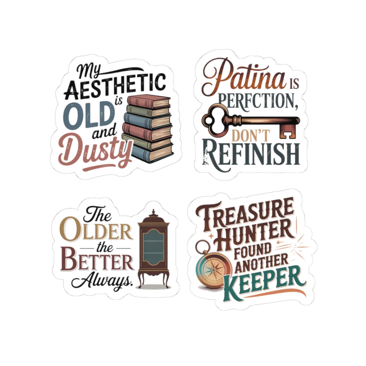 Antique Aesthetic Sticker Pack – 4 PCS Old Dusty Patina Funny Decal for Vintage Lovers, Furniture Collectors