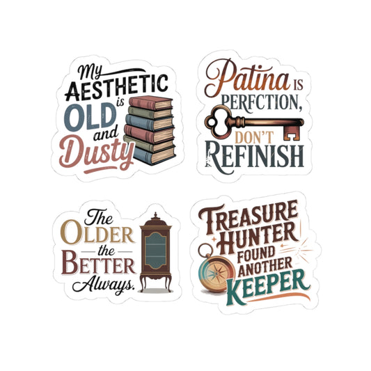 Antique Aesthetic Sticker Pack – 4 PCS Old Dusty Patina Funny Decal for Vintage Lovers, Furniture Collectors