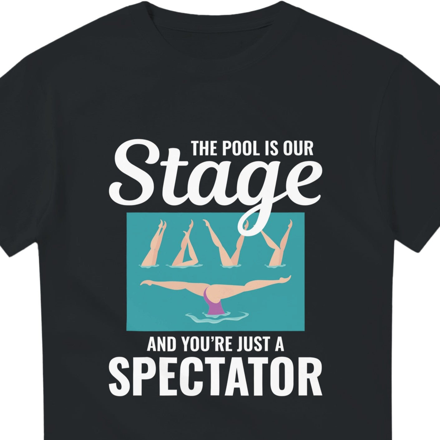 Black t-shirt with swim-themed graphic and text on a white background