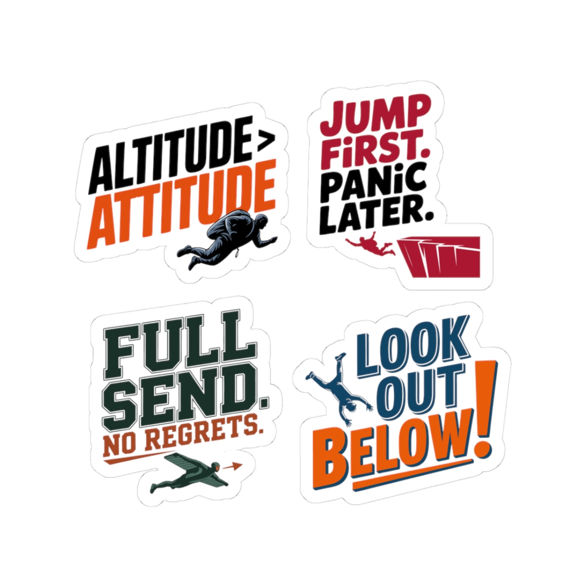 BASE Jumping Sticker Pack – 4 PCS Bold Freefall Quote Decal Set for Extreme Sports Fans Skydivers