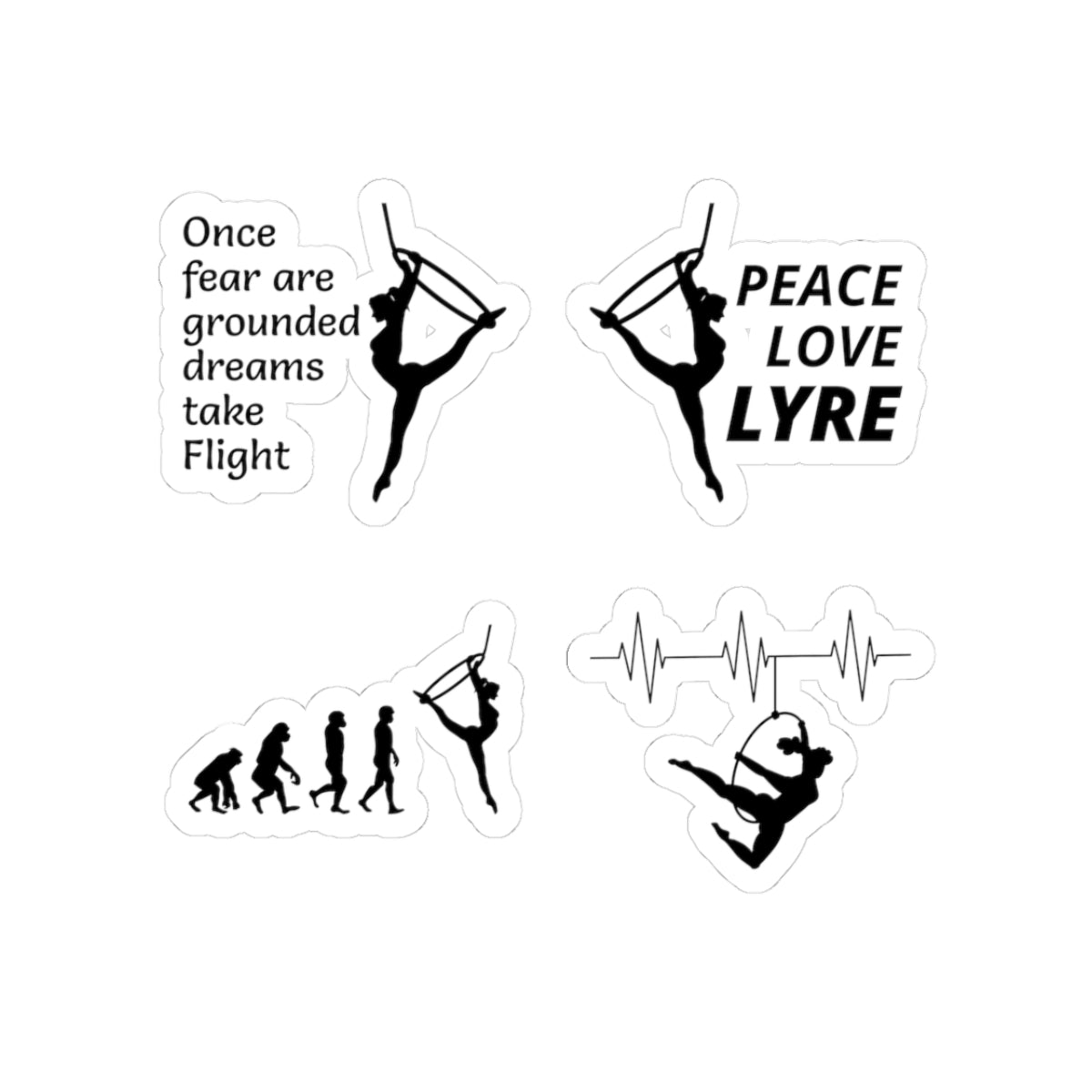 Aerial Hoop Sticker Pack – 4 PCS Inspirational Peace Love Lyre Evolution Decal Set for Aerialists Performers