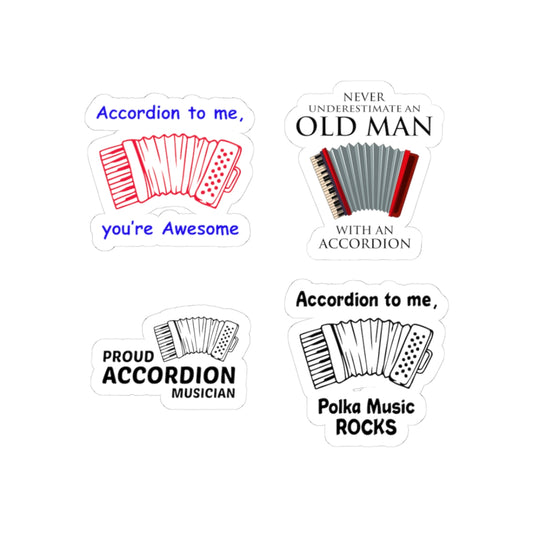Accordion Sticker Pack – 4 PCS Funny Polka Music Old Man Decal Set for Accordion Players Musicians Lovers