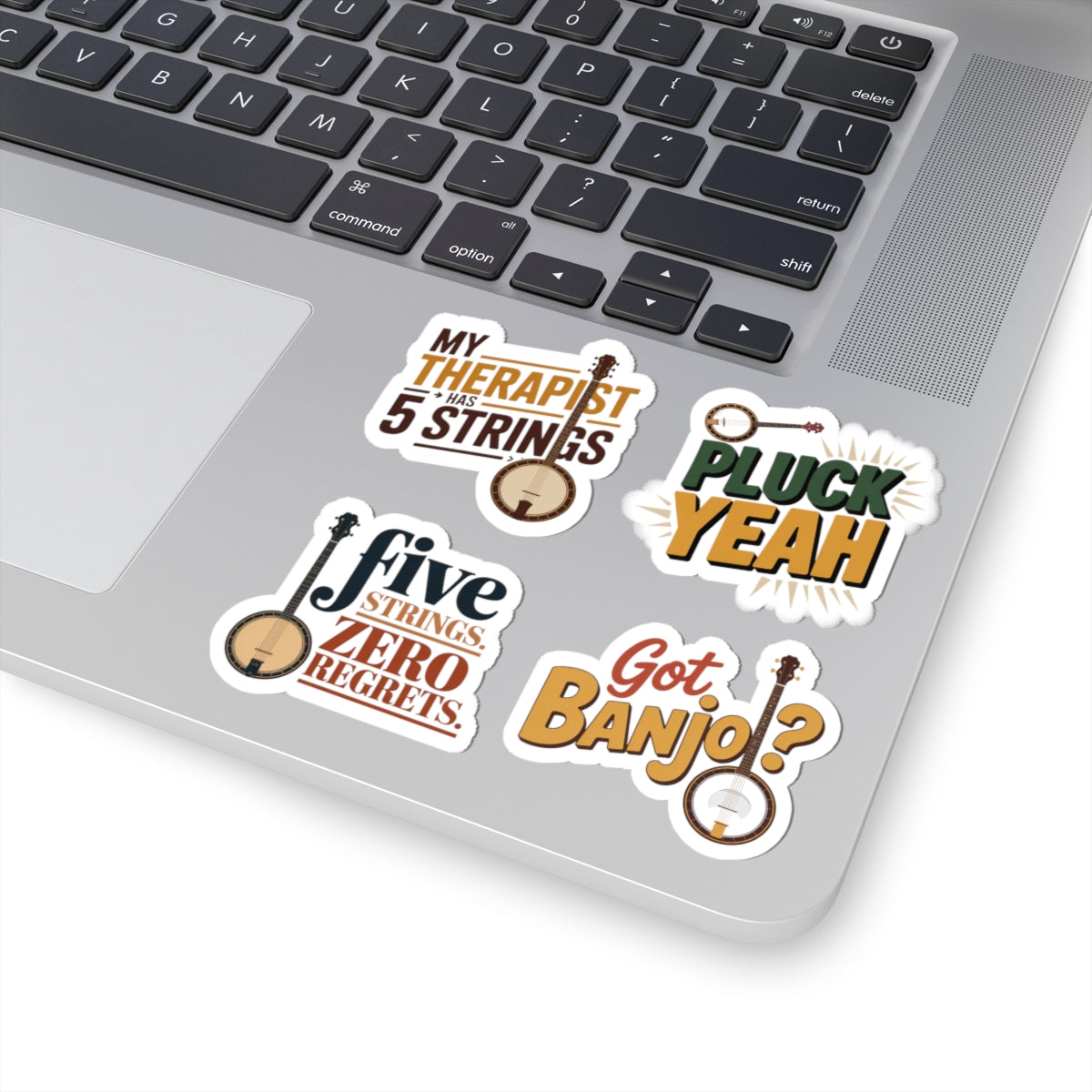 Banjo Sticker Pack – 4 PCS Funny Variety Humor Decal Set for Bluegrass Musicians Five-String Instrument Lovers