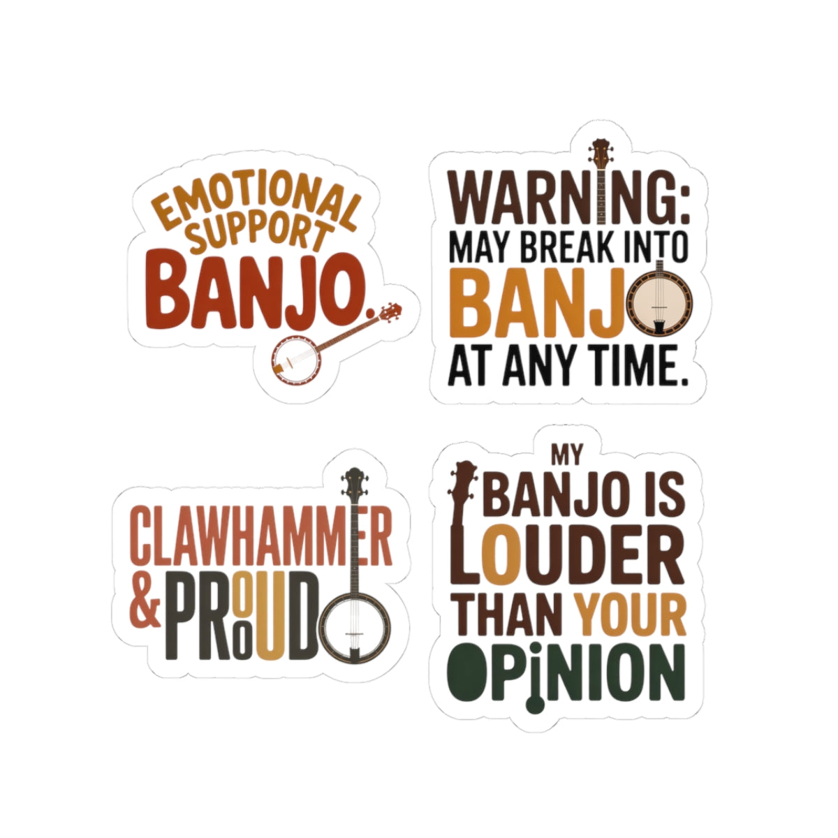 Banjo Sticker Pack – 4 PCS Bold Attitude Humor Decal Set for Bluegrass Musicians Five-String Instrument Lovers