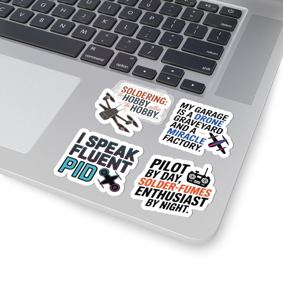 Drone Racing Sticker Pack – 4 PCS Funny Garage Warrior Quote Decals for FPV Pilots and Quadcopter Builders
