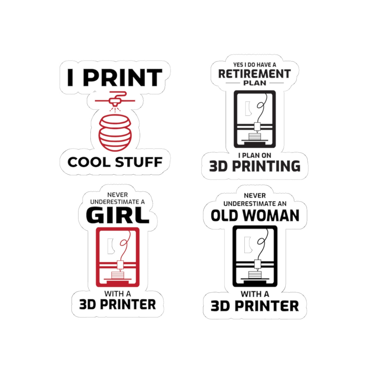 3D Printer Sticker Pack – 4 PCS Funny FDM Maker Decal Set for Women Makers Engineers and Printing Fans