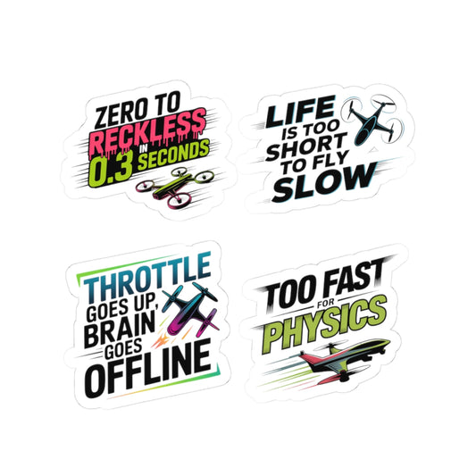 Drone Racing Sticker Pack – 4 PCS Funny Speed Demon Quote Decals for FPV Pilots and Quadcopter Enthusiasts