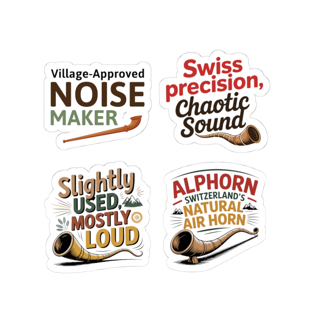 Alphorn Sticker Pack – 4 PCS Funny Swiss Music Humor Decals for Alphorn Players Mountain Music Lovers