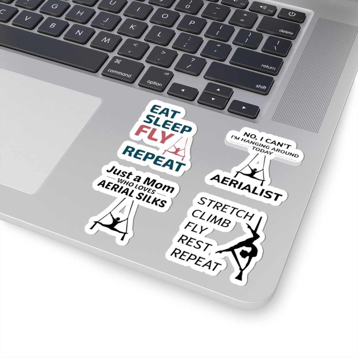 Aerial Silk Sticker Pack – 4 PCS Funny Eat Sleep Fly Mom Loves Silks Decal Set for Aerialists Dancers