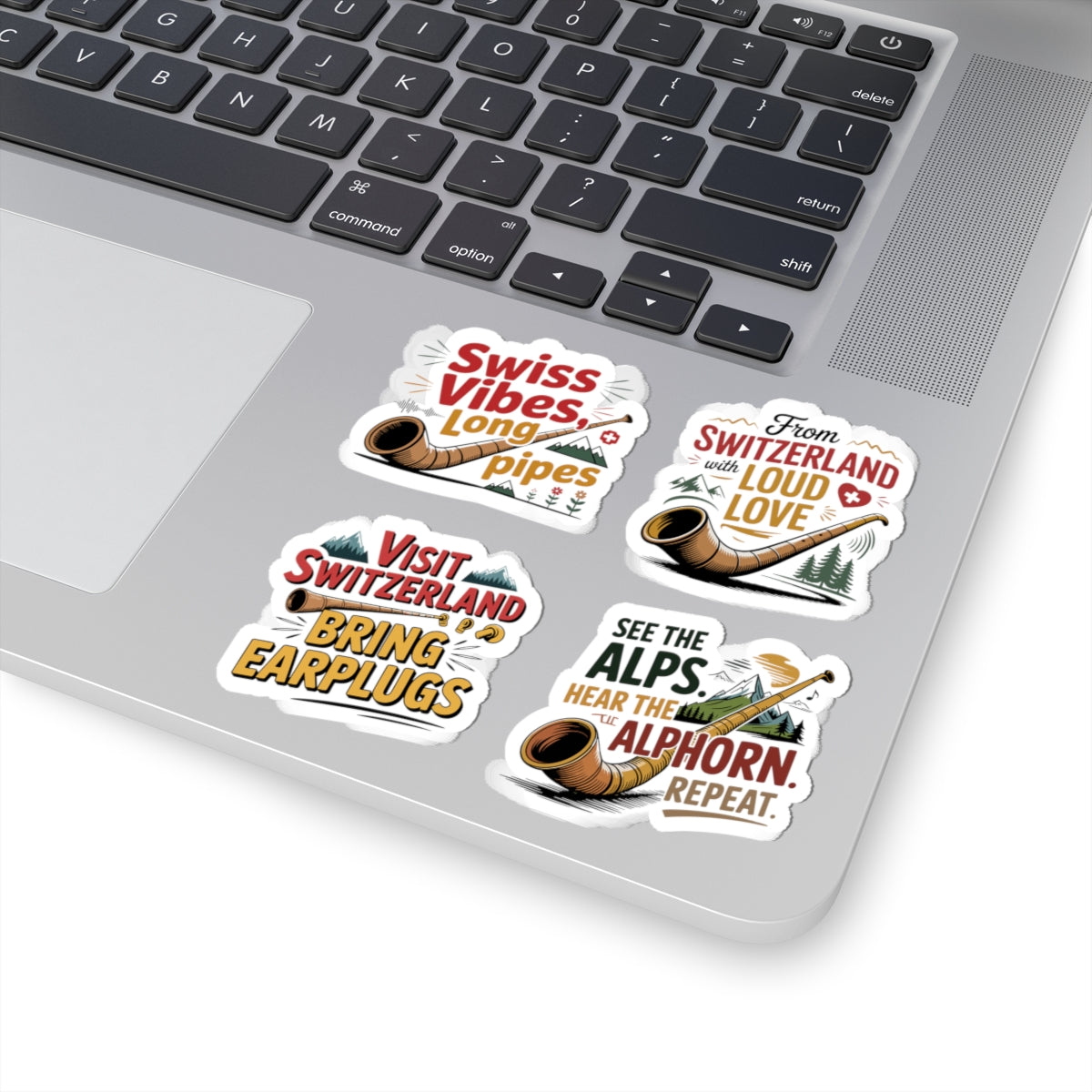Alphorn Sticker Pack – 4 PCS Funny Swiss Alps Humor Decals for Alphorn Players Switzerland Lovers