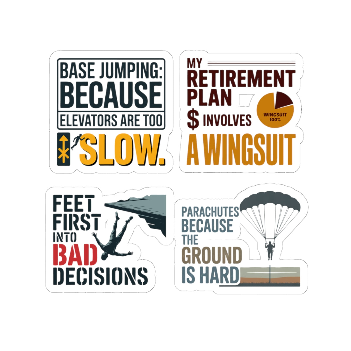 Base Jumping Sticker Pack for Car Helmet – 4 PCS Sarcastic Adventure Decal Set for Extreme Athletes Skydivers
