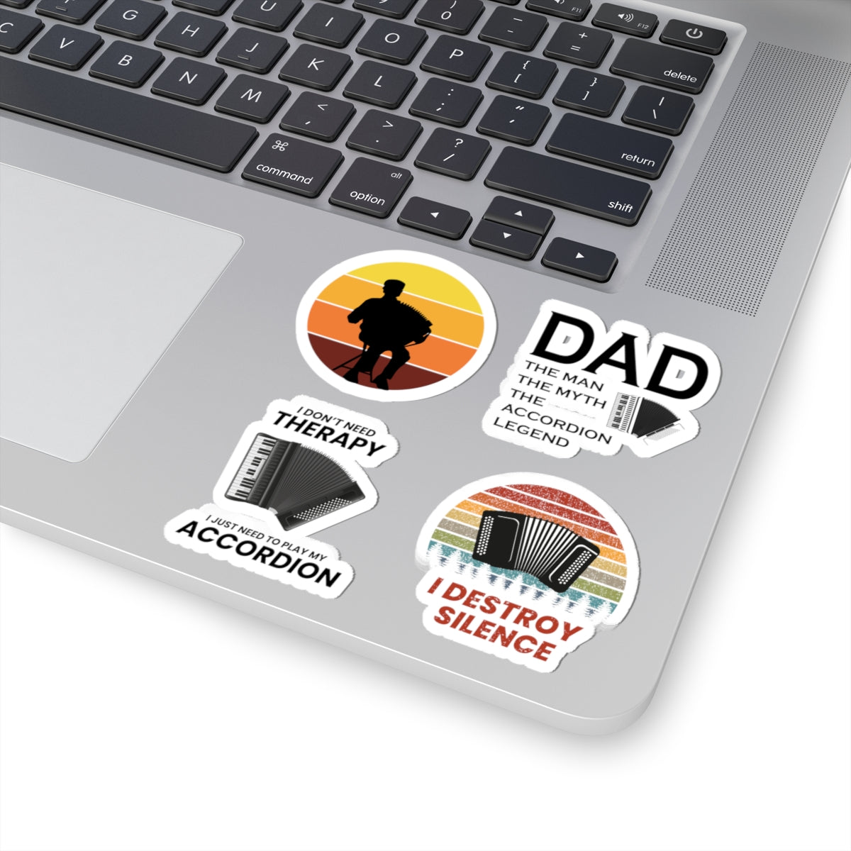 Accordion Dad Sticker Pack – 4 PCS Funny Man Myth Legend Destroy Silence Decal Set for Musicians Fathers