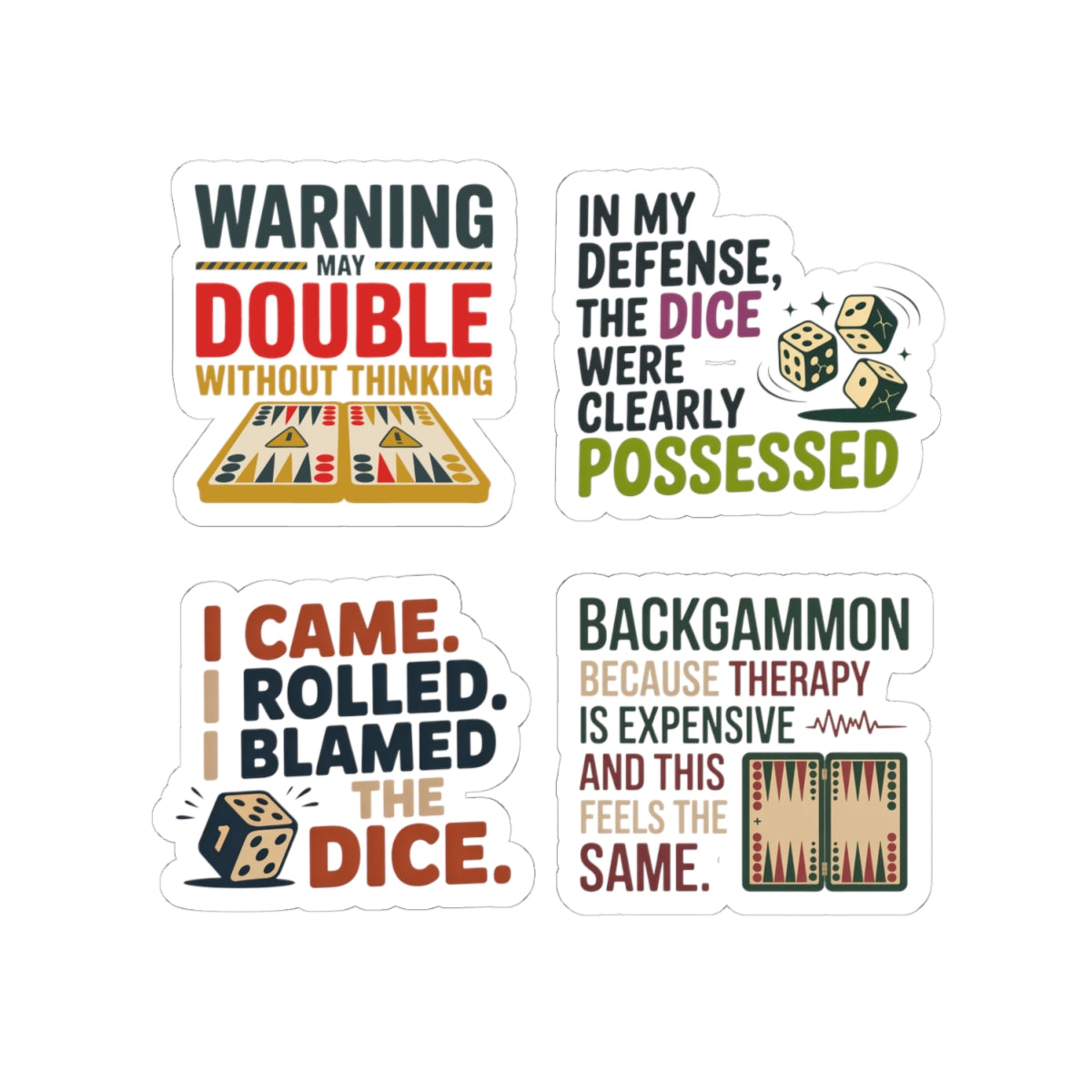 Backgammon Sticker Pack – 4 PCS Funny Dice Blame Quote Decals for Board Game Players & Strategy Fans