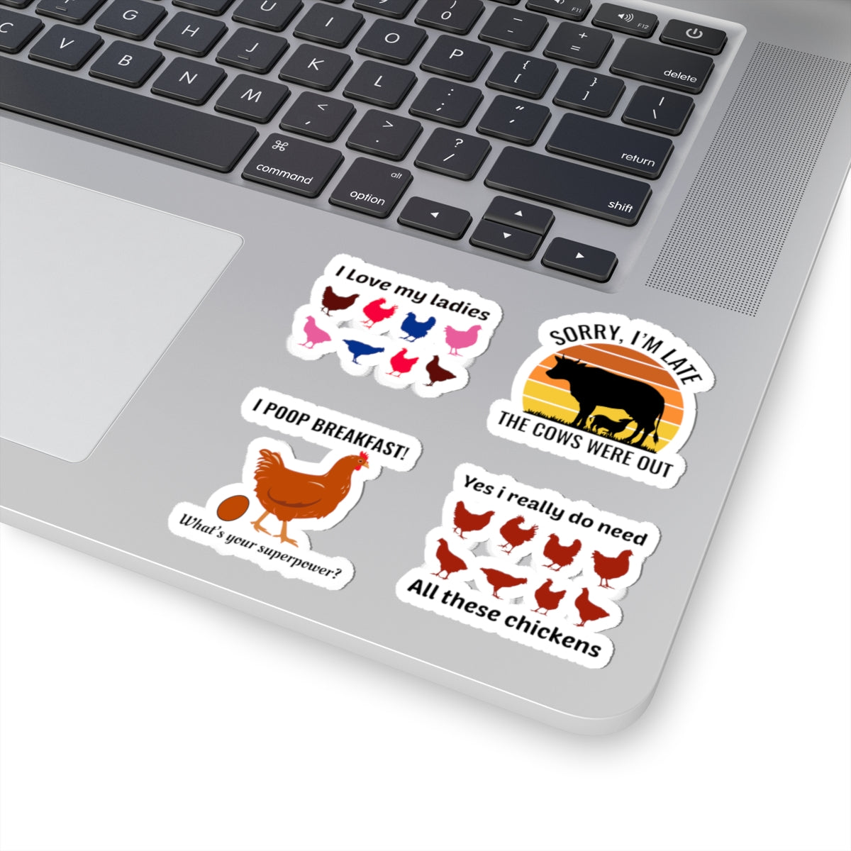 Funny Chicken & Cow Sticker Pack – 4 PCS Humorous Farm Animal Decals for Chicken Lovers Homesteaders