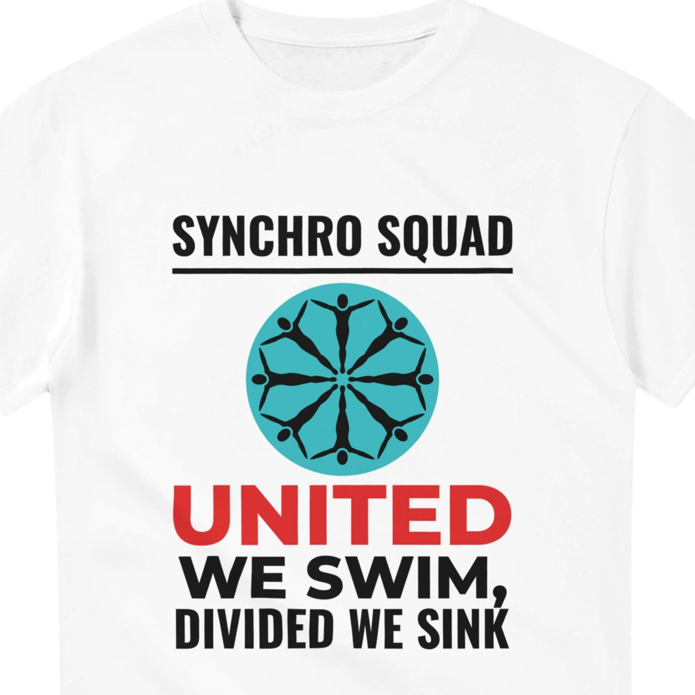 White t-shirt with synchro squad design and text on a white background