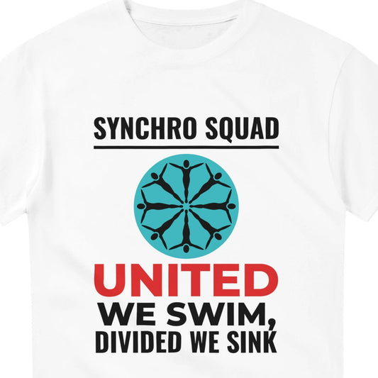 White t-shirt with synchro squad design and text on a white background