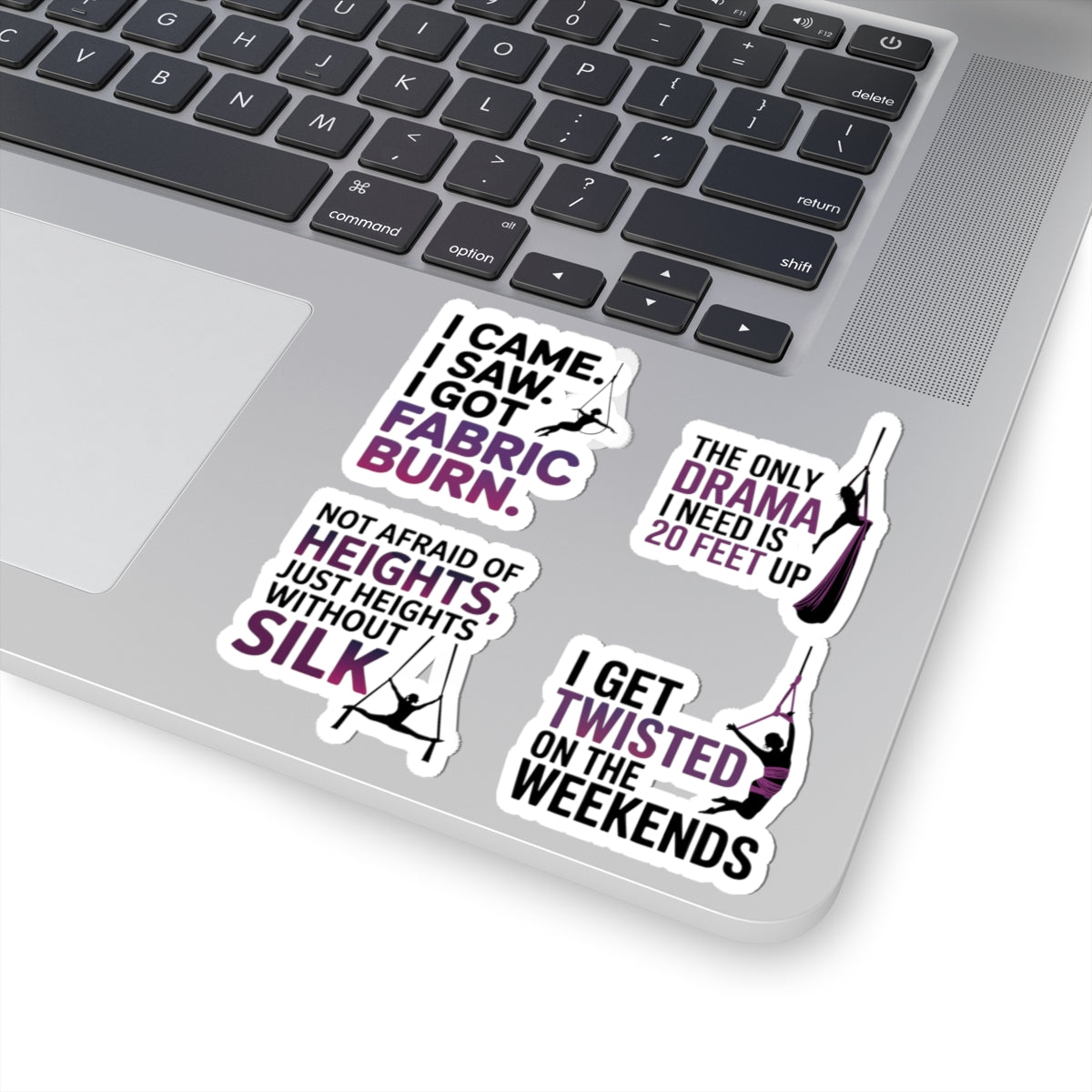 Aerial Silk Sticker Pack – 4 PCS Funny Performer Quote Decal Set for Aerialists Circus Arts Athletes and Fabric Dancers