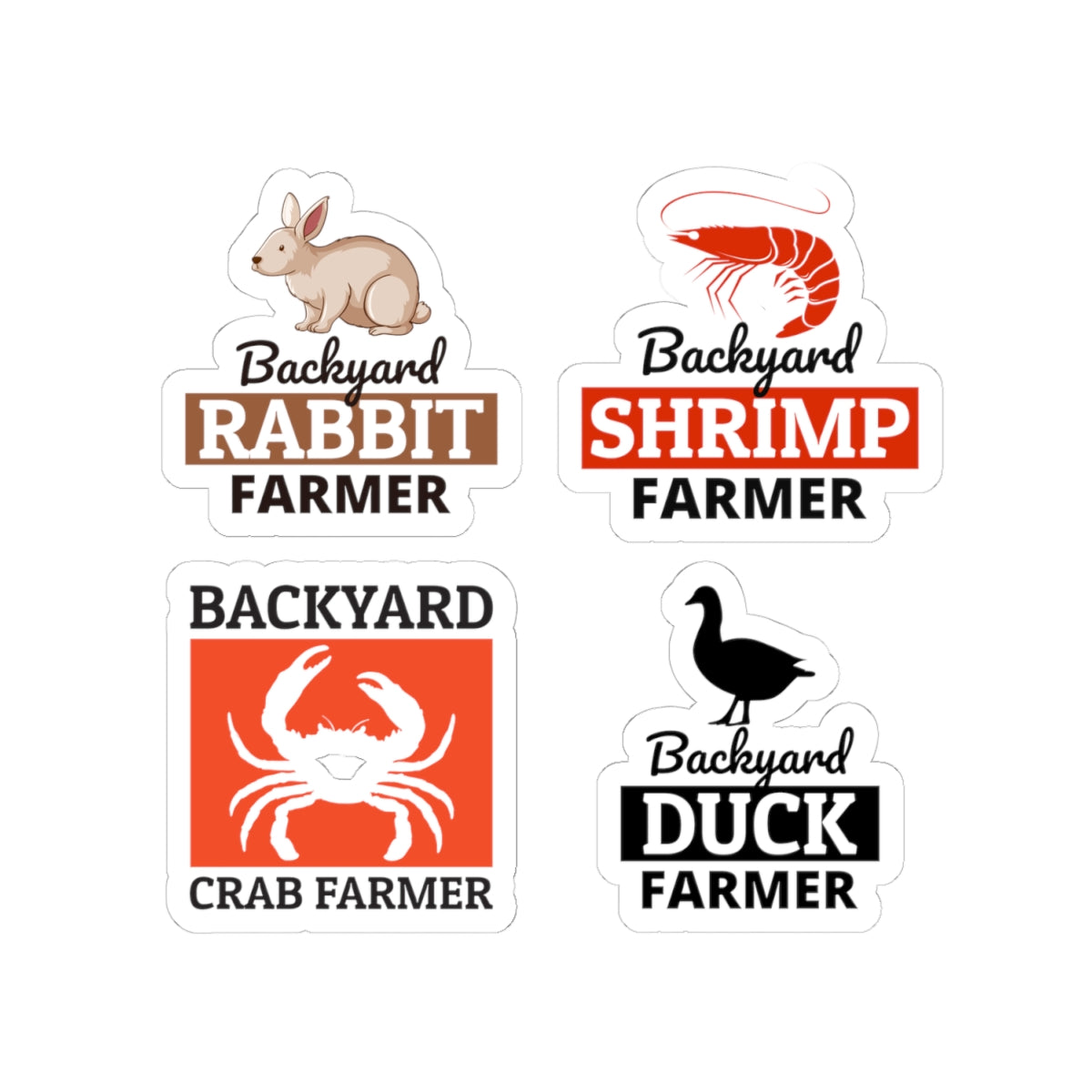 Backyard Farmer Sticker Pack – 4 PCS Bold Rabbit Shrimp Crab Duck Decal Set for Farmers Homesteaders