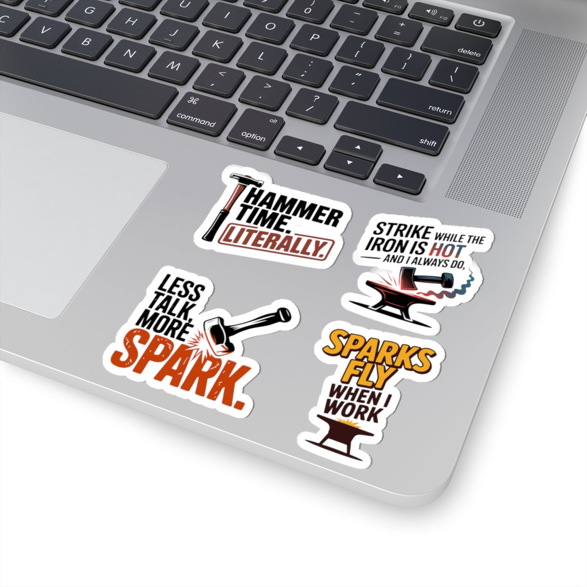 Blacksmith Sticker Pack – 4 PCS Funny Hammer Spark Action Decal Set for Metalworkers Bladesmiths