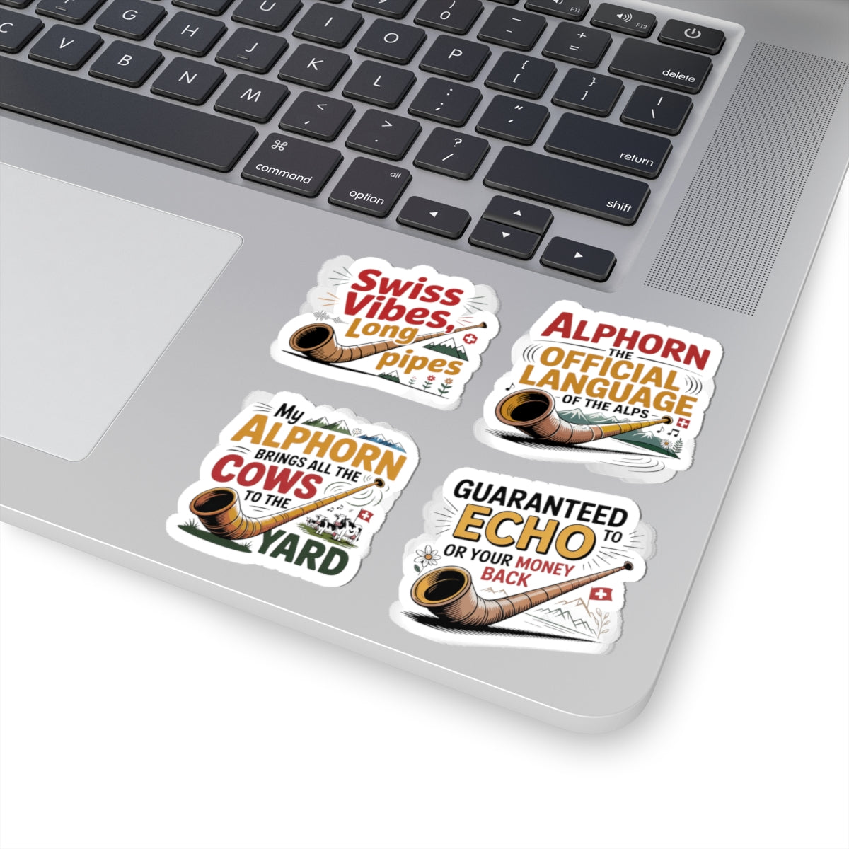 Alphorn Sticker Pack – 4 PCS Funny Echo Humor Decals for Alphorn Players Swiss Alps Music Lovers