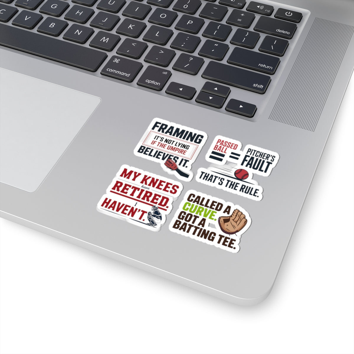 Baseball Catcher Sticker Pack – 4 PCS Funny Behind The Plate Humor Decal Set for Catchers Travel Ball Players