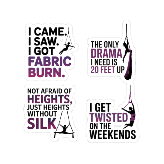 Aerial Silk Sticker Pack – 4 PCS Funny Performer Quote Decal Set for Aerialists Circus Arts Athletes and Fabric Dancers