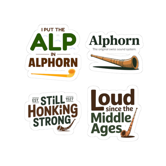 Swiss Alphorn Sticker Pack – 4 PCS Funny Alpine Horn Humor Decals for Swiss Musician Folk Music Alpine Enthusiast Folder
