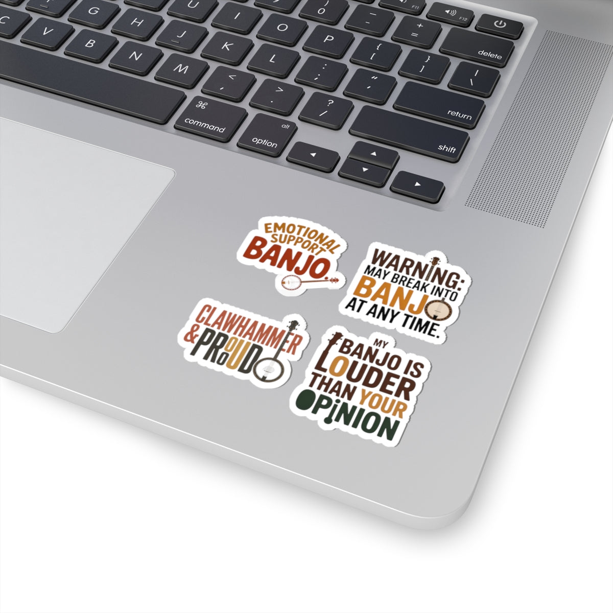 Banjo Sticker Pack – 4 PCS Bold Attitude Humor Decal Set for Bluegrass Musicians Five-String Instrument Lovers