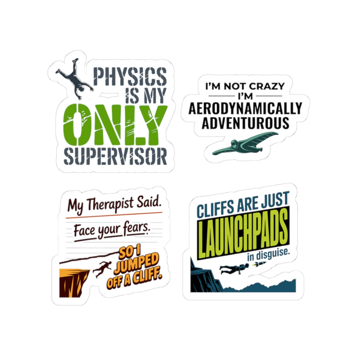 BASE Jumping Sticker Pack – 4 PCS Witty Physics Wingsuit Humor Decal Set for Extreme Sports Fans Skydivers